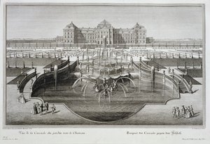 Weissenstein, kilátás a várra a barokk kaszkádról, metszett Georg-Daniel Heumann (1691-1759), megjelent 1728